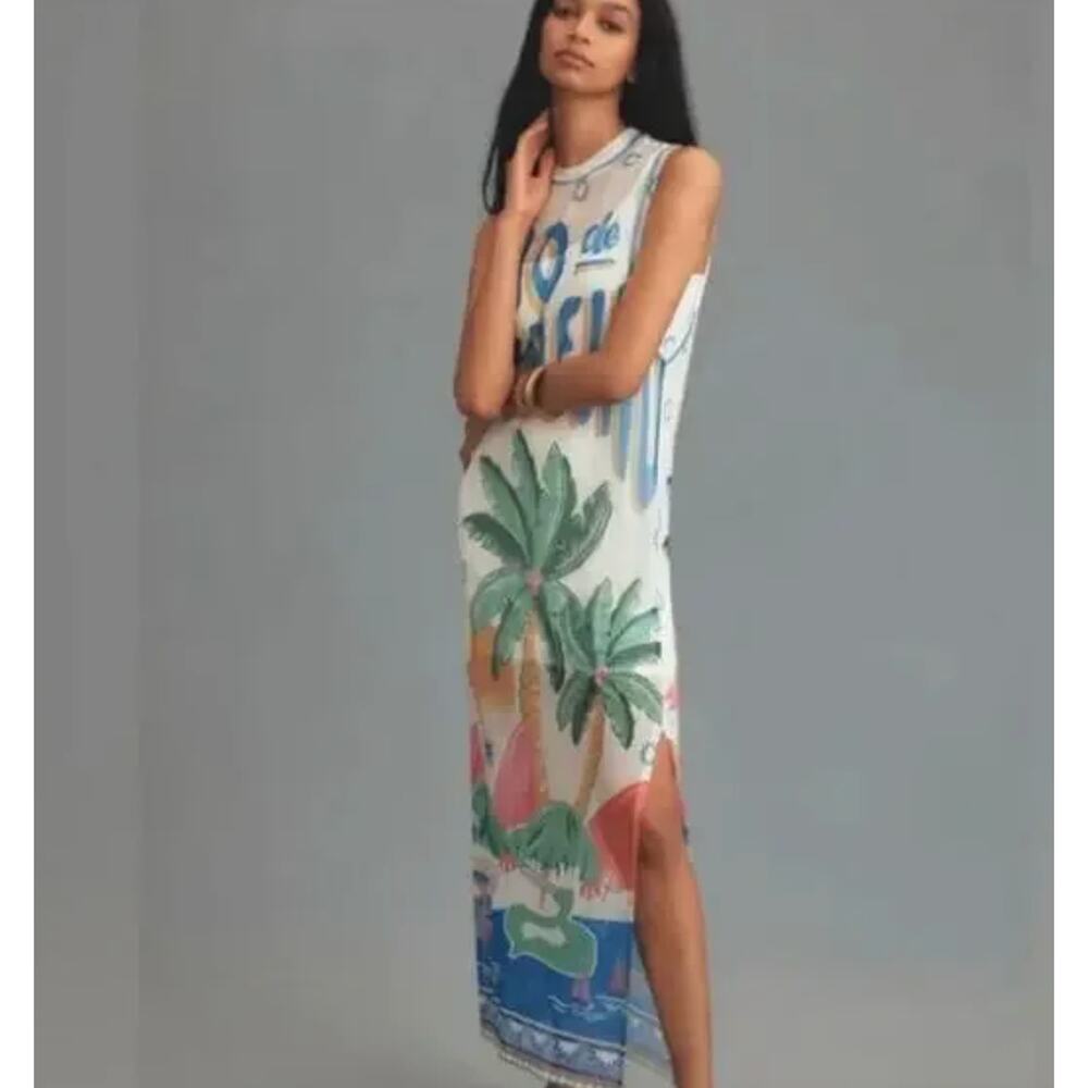 FARM Rio White Midi Dress with Green Palm Print and Blue Accent